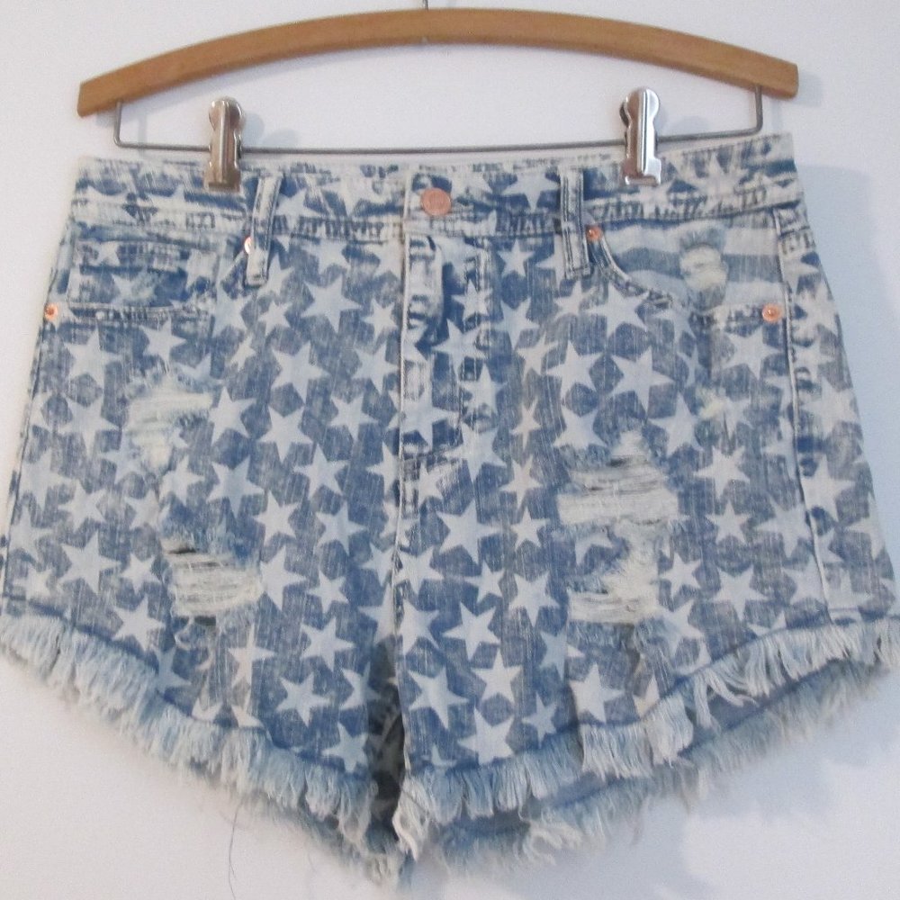 NEW Distressed Denim High Rise Shorty Shorts Cut Offs Stars Stripes Blue Jean